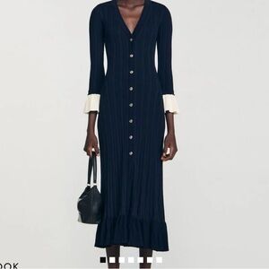 Sandro Navy Blue Long Sleeve Dress with Cream Accents